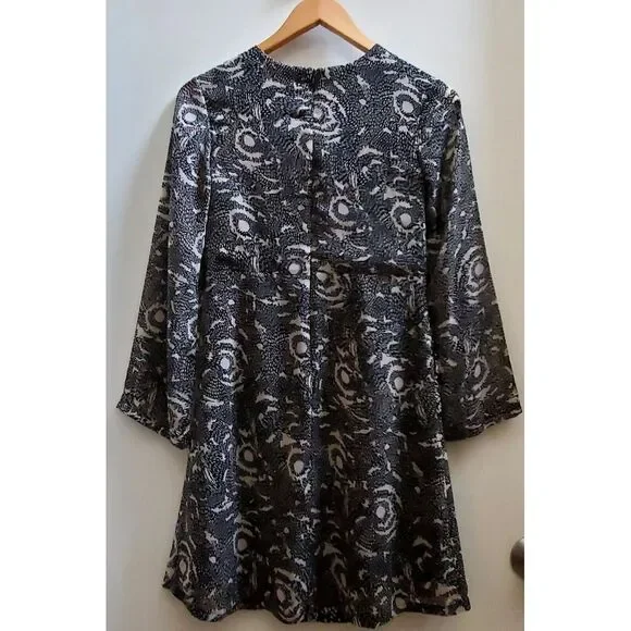 Walter Baker Dress 0 Black/Tan Print Soft Pleats Ruffled Lined Bodice Sheer Arms - Picture 3 of 8